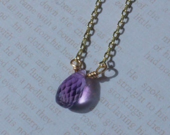 Purple Amethyst Necklace, Wire Wrapped Briolette Gemstone with Gold Chain