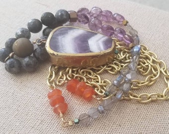 Natural carnelian amethyst green onyx labradorite gemstone beads necklace beach jewelry bohemian necklace silver jewellery