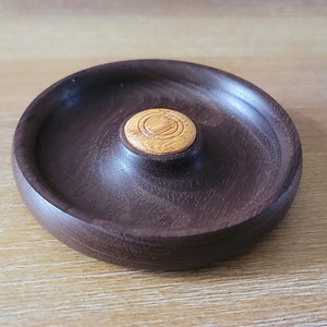 Walnut Jewelry Tray, Peruvian Walnut Trinket Tray with Marblewood Center Button, Woodturning, Handmade Jewelry Dish, Wood Jewelry Display