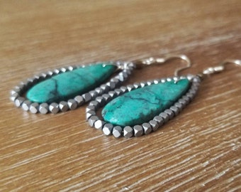 Silver and Turquoise Earrings, Gunmetal Gray and Turquoise Teardrop Dangle Earrings, Marion Theis Jewelry