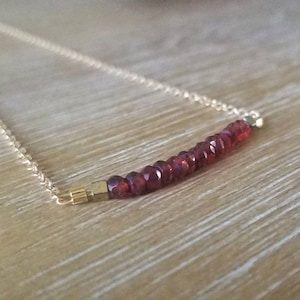 Garnet Necklace, Gold Dainty Bar Necklace with Gold Filled Chain, Small Maroon Minimal Necklace, Faceted Garnet Beads, January Birthstone