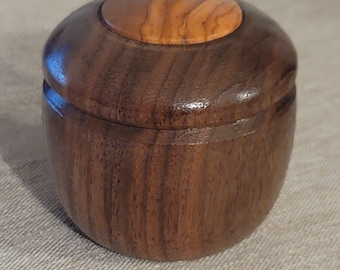 Walnut Round Box with Olivewood Detail on Lid, Lidded Cup, Lidded Dish, Brown Walnut with Olivewood Details, Gifts for Her, Gifts for Him