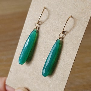 Green Onyx Elongated Briolette Earrings, Faceted Drop Gemstone Earrings, Natural Gemstone Jewelry with Gold Filled or Sterling Silver