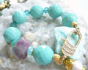 Faceted glass bracelet - amethyst bracelet - glass bead bracelet - lobster clasp bracelet - 16mm - bracelet with pearl