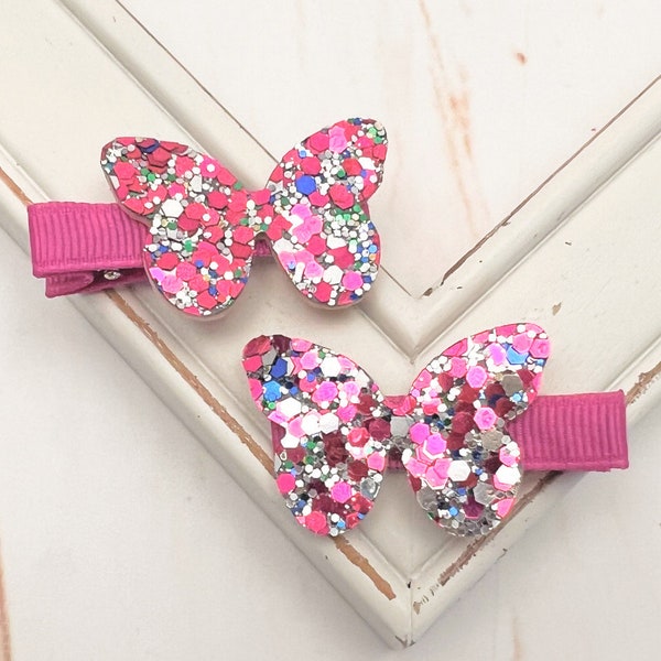 Butterfly Hair Clips, Set of 2 Multi Colored Chunky Glittered Butterfly Hair clips, Fuschia Pink Butterfly Hair Clips