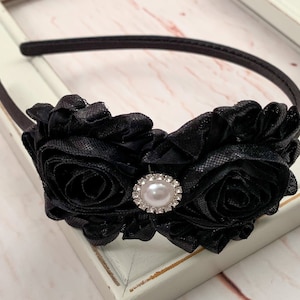 Black Flower Headband, Black Shabby Chic Flower Headband, Flower Girl Headband, Christmas Headband, Wedding Headband