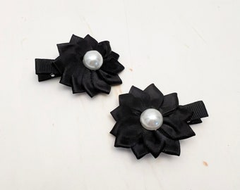 Black Satin Flower Clips, Black Flower Hair Clips, Set of 2 Flower Hair clips, Black flower hair pins
