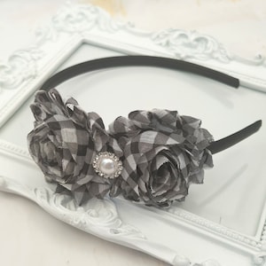 Black Plaid Flower Headband, Black & White Plaid Shabby Chic Headband, Flower Girl Headband, Wedding Headband