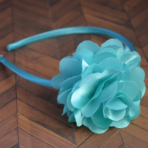 Aqua Flower Headband, Turquoise Headband, Flower Girl Headband, Blue Satin Mesh Flower, Flower Headband for Girls, Wedding Accessories