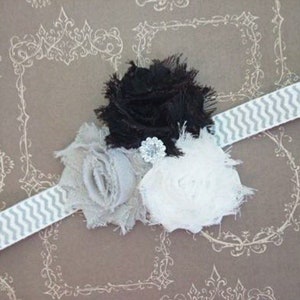 Black Grey & White Shabby Chic Headband, Flower Headband, Girl Headband, Baby Headband, Chevron Headband, Newborn Headband