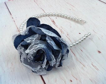 Blue Jean & Lace Flower Headband, Chiffon and Lace Flower Headband, Antique Flower Headband, Flower Girl Headband, Wedding Headband