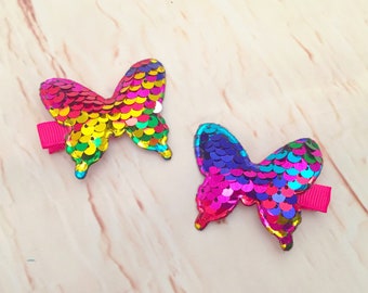 Set of 2 Rainbow Butterfly Hair clips, Sequin Butterfly Hair Clips, Butterfly Birthday Party Favors