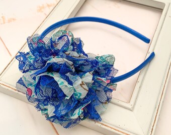 Royal Blue Flower Headband, Royal Blue Floral Lace Chiffon Flower, Flower Girl Headband, Navy Blue Wedding Accessories