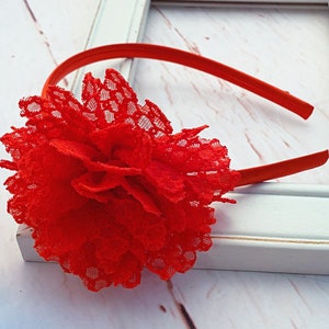 Red Flower Headband, Red Scalloped Lace Flower, Valentine Headband, Holiday Headband, Christmas Headband