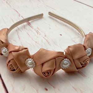 Gold & Pearl Flower Headband, Caramel Satin Rose Headband, Beige Flower Headband Floral Crown Headband, Flower Girl Headband