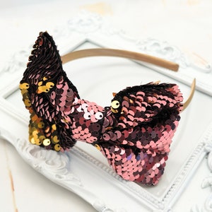 Pink & Gold Sequin Hairbow Headband, Pink and GoldHeadband for Girls, Blue Bow Headband, Gold Bow Headband