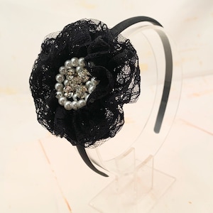 Black Lace Flower Headband, Black Flower Headband, Flower Girl Headband, Black Wedding Hair Accessories
