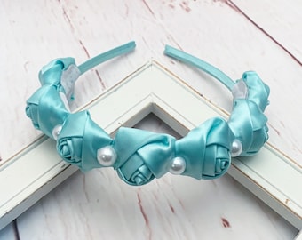 Mint Green Flower headband, Flower Crown Headband, Easter Headband, Satin Rose Flower Headband, Flower Girl Headband