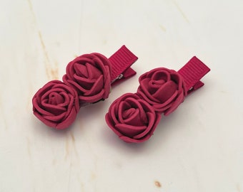 Wine Rose Flower Clips, Cranberry Flower Hair Clips, Rose Blossom Hair clips, Wine flower hair pins