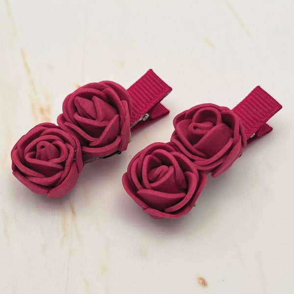 Wine Rose Flower Clips, Cranberry Flower Hair Clips, Rose Blossom Hair clips, Wine flower hair pins