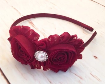 Burgundy Flower Headband, Wine Flower Headband, Flower Girl Headband, Satin Flower Headband, Flower Headband for Girls
