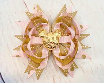 Minnie Mouse Hairbow, Pink & Gold Minnie Hair Clip, Disney Hairbow, Minnie Mouse Birthday, Disney Accessories