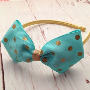 Aqua & Gold Headband, Flower Girl Headband, Wedding Accessories, Gold Headband, Large Bow Headband, Big Bow Headband
