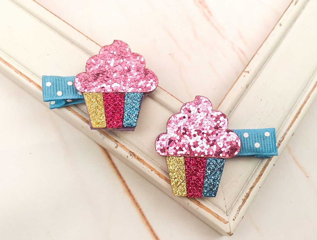 Pink & Blue Cupcake Hair Clips, Set of 2 Cupcake Hair Clips, Birthday