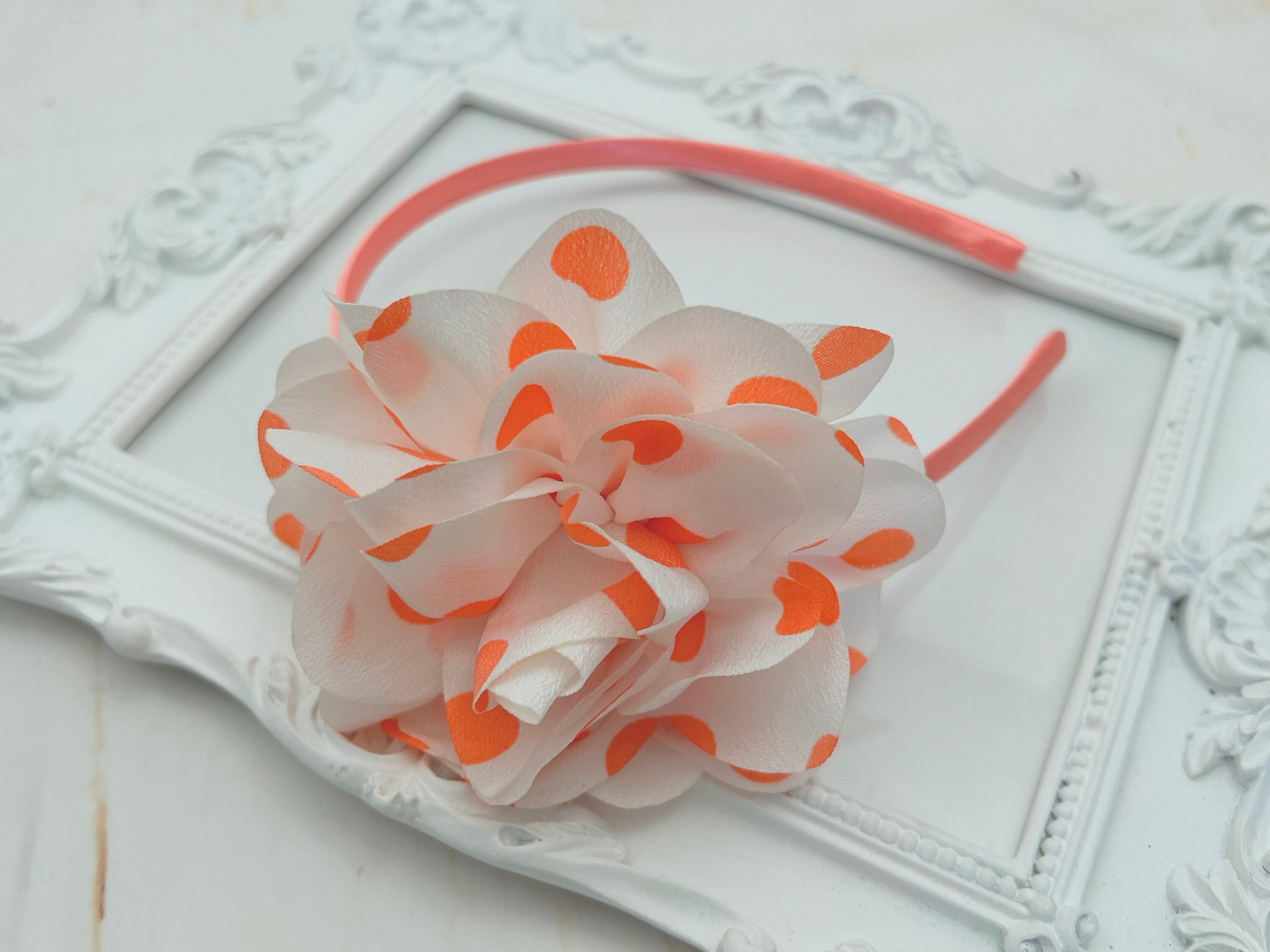 Coral & White Polka Dot Flower Headband, Coral Pink Flower Headband, Flower Girl Headband, Wedding Headband, Spring Headband