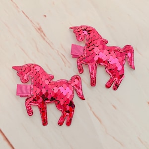 Unicorn Hair Clips, Hot Pink Unicorn Hairbow, Unicorn Sequin Clips, Unicorn Accessories