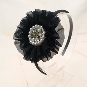 Black Flower Headband, Black Chiffon Flower Headband, Flower Girl Headband, Black Wedding Hair Accessories