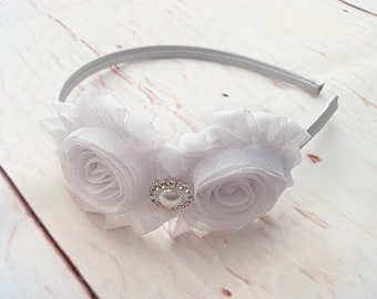 White Flower Headband, Flower girl headband, Baptism Headband, Wedding Headband, First Communion, Bridal Headband