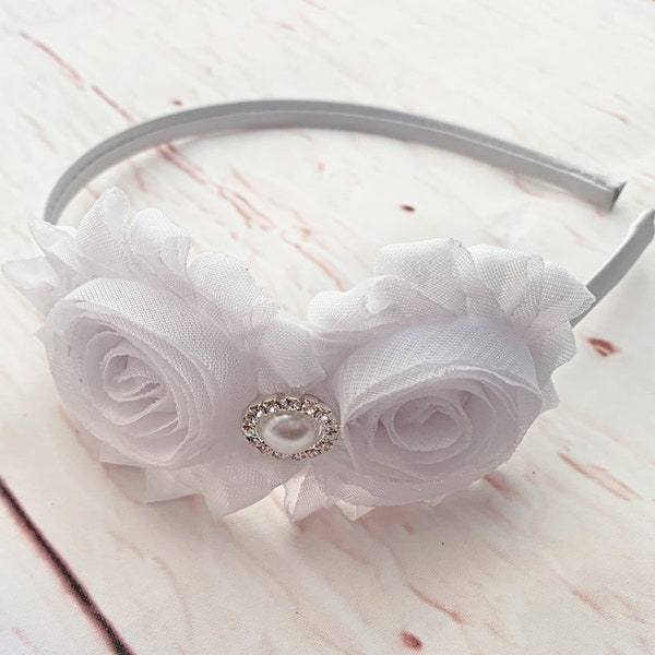 White Flower Headband, Flower girl headband, Baptism Headband, Wedding Headband, First Communion, Bridal Headband