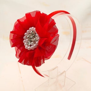 Red Flower Headband, Red Chiffon Flower Headband, Flower Girl Headband, Red Christmas Headband, Wedding Hair Accessories