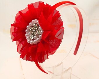 Red Flower Headband, Red Chiffon Flower Headband, Flower Girl Headband, Red Christmas Headband, Wedding Hair Accessories