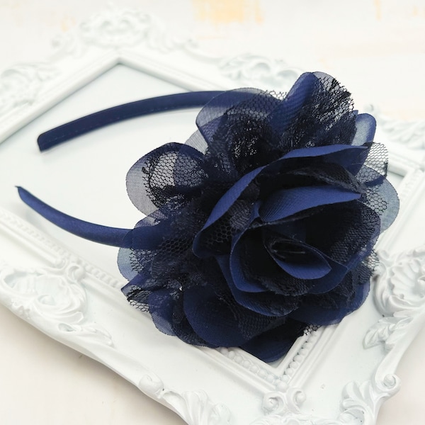 Navy Blue Headband, Navy Blue Shabby Lace Flower, Flower Girl Headband, Navy Blue Wedding Accessories