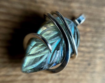 Carved labradorite in sterling silver pendant