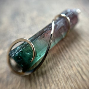 Watermelon tourmaline crystal in 14k gold pendant