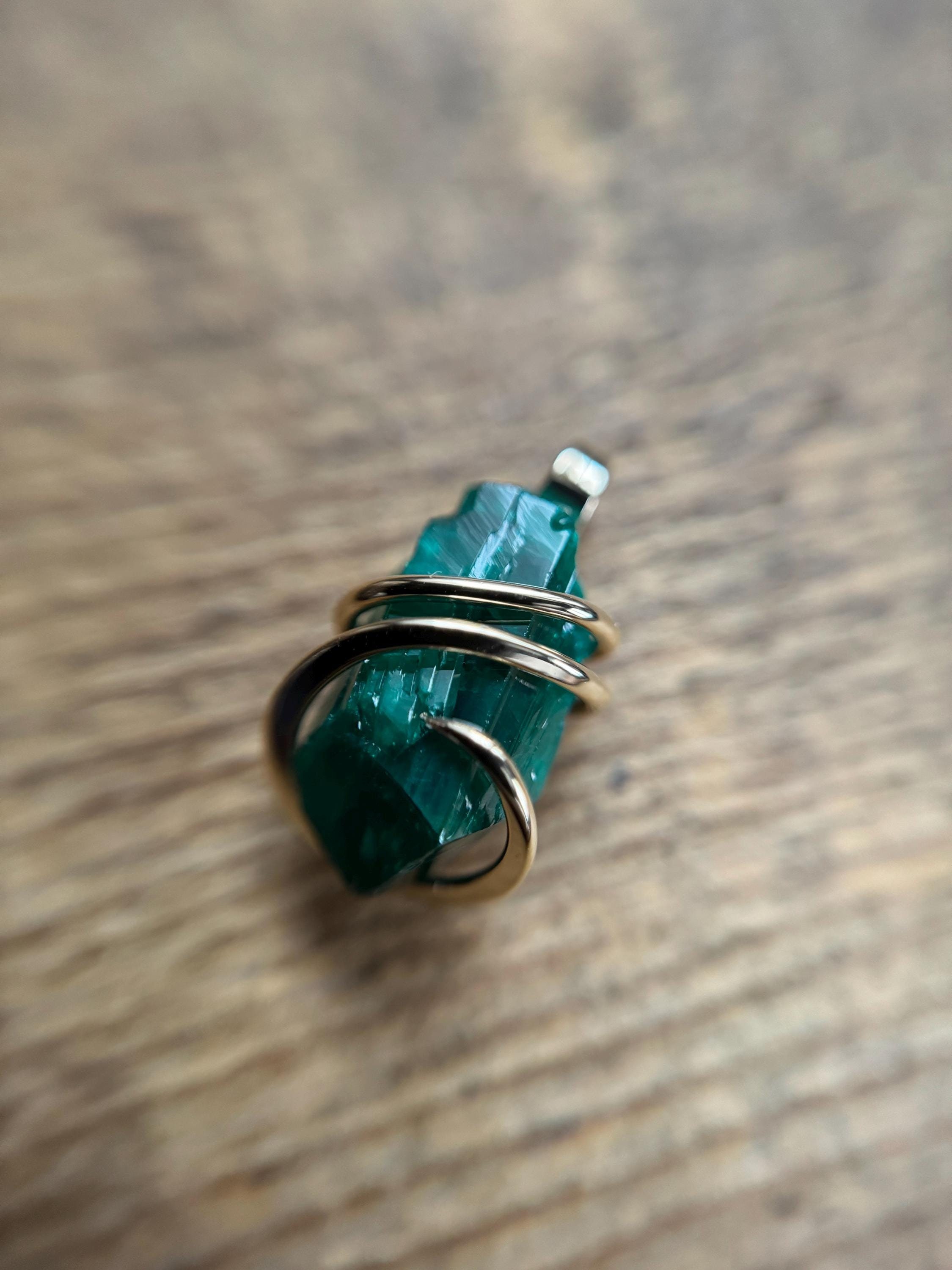 Dioptase in forged 14k gold pendant