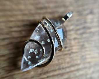 Quartz with pyrite in 14k gold pendant
