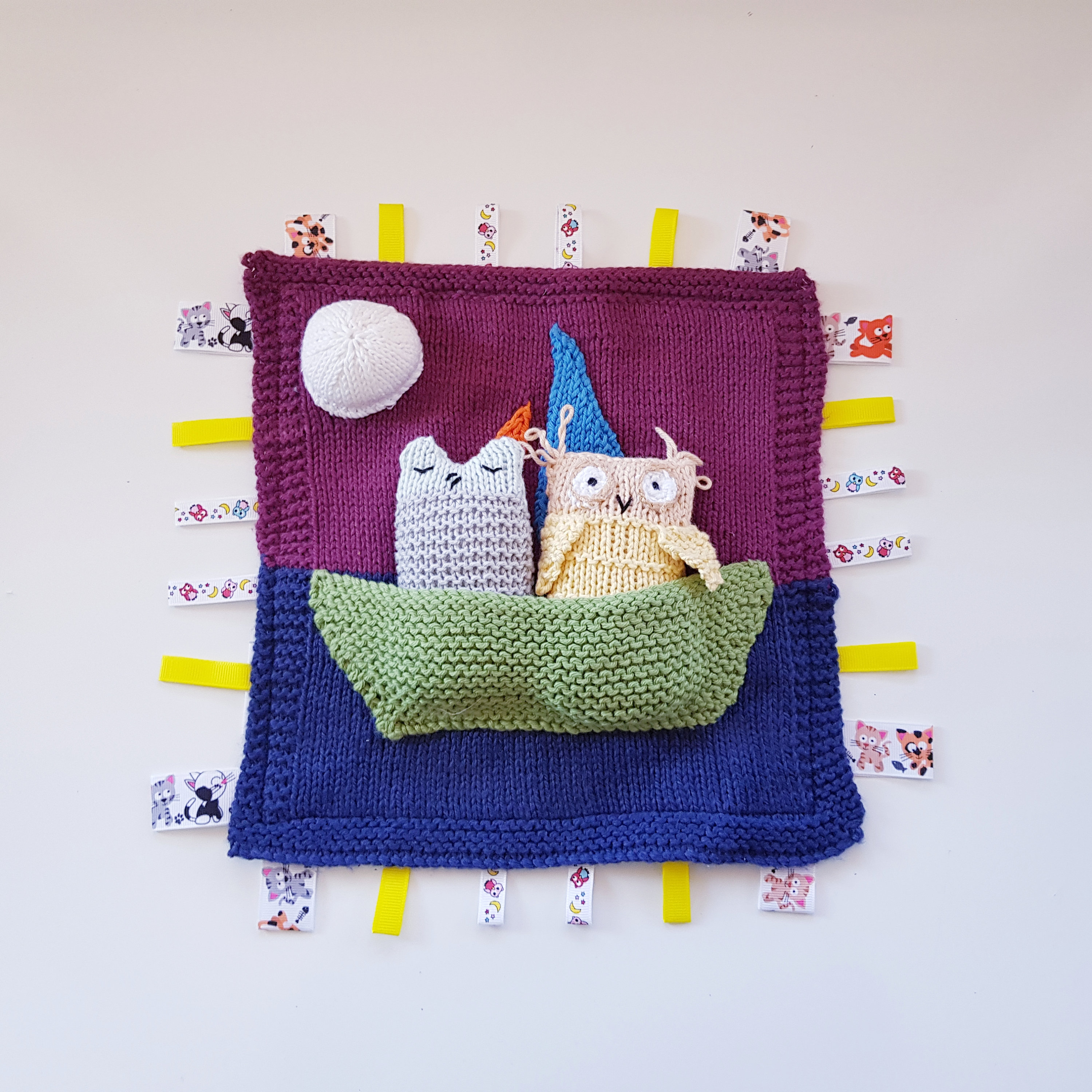 Hand Knit Interactive Cotton Owl and Pussycat Baby  Security Tag Comforter with Soft Toys