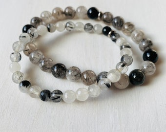 Tourmalinated Quartz healing gemstone stretch cord bracelet unisex