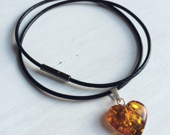 Baltic Amber Heart choker necklace  on leather cord or stainless steel chain
