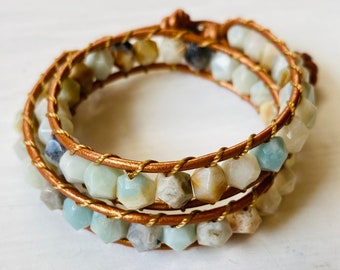 Amazonite wrap adjustable bracelet - bronze