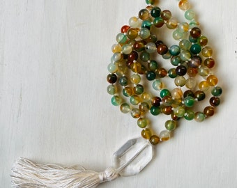 Peacock Agate and Quartz Crystal 108 mala meditation prayer beads