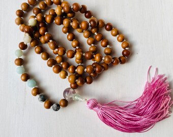 Sandalwood and Amazonite 108 mala meditation prayer beads