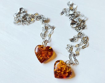 Baltic Amber Heart necklace  on stainless steel