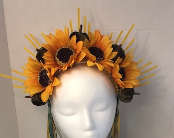 Flower Crown Sunflower Velvet Pumpkin Tiara Headband Hair Accessory Headpiece Fascinator Halloween Costume Cosplay Fall Festival Renaissance