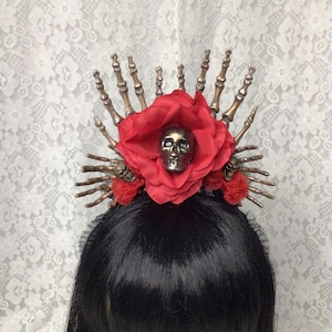 Dia de los Muertos Headband: Skeleton Hands, Red Roses, Goth Costume Tiara