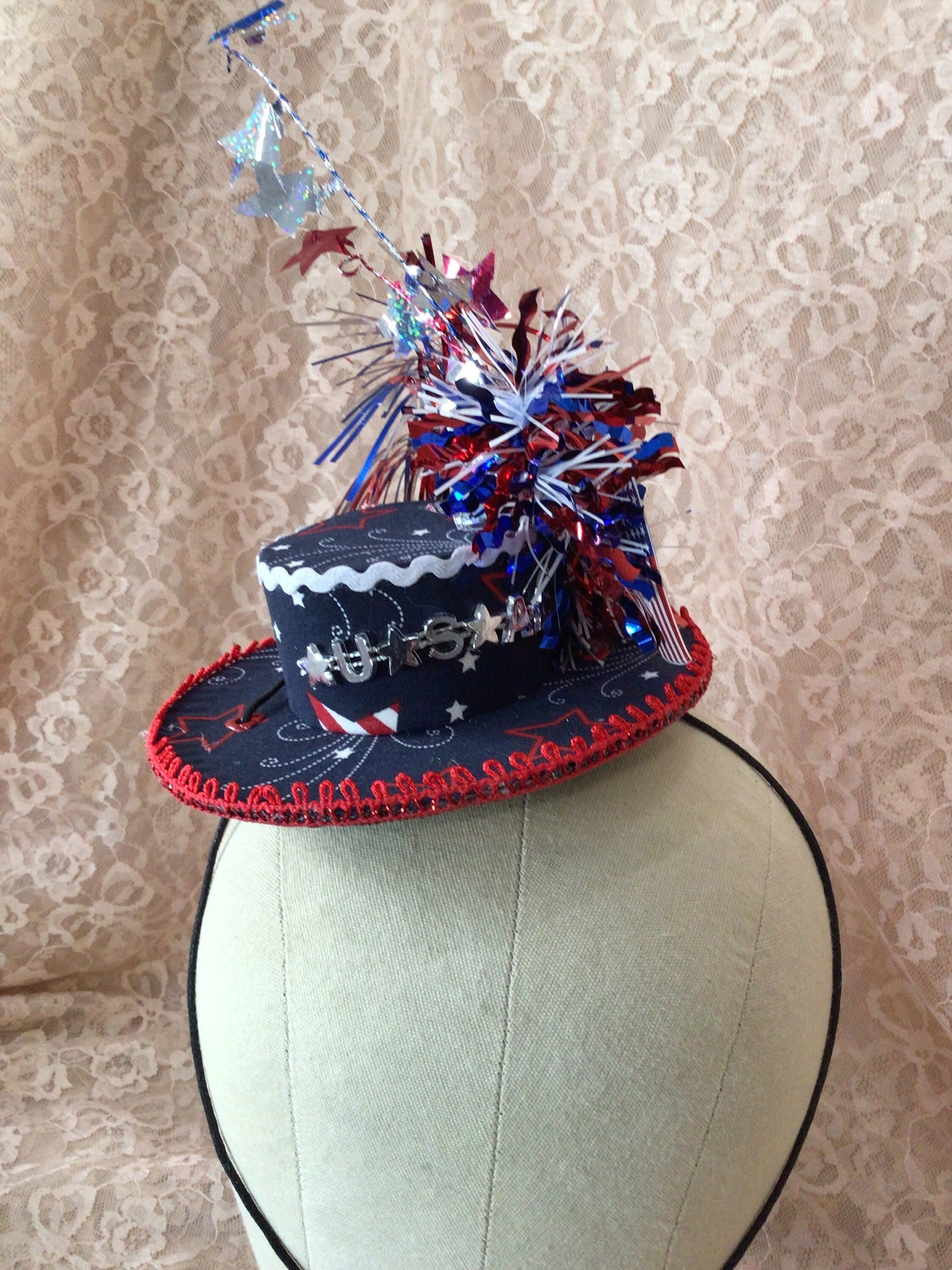 Fourth Of July Mini Blue Top Hat Fascinator Amazon.com: Bniksok Blue Glitter Mini Top Hat Headband  main image 2